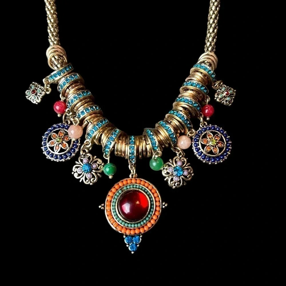 Gold Tone Necklace W/ Jewel Tone Beaded & Rhinestone Charms and Medallions - Picture 8 of 16
